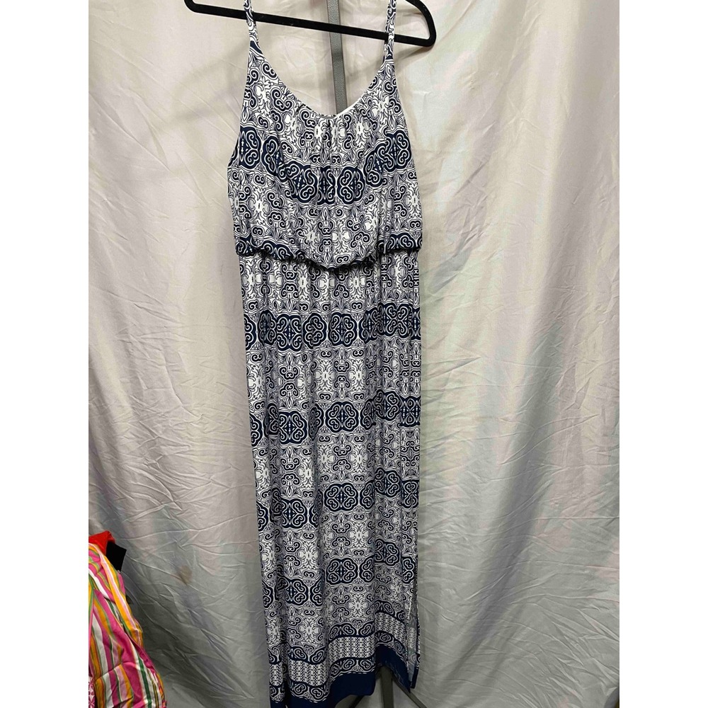 AB Studio Women's Maxi Dress XL Navy White Geometric Print Spaghetti Strap